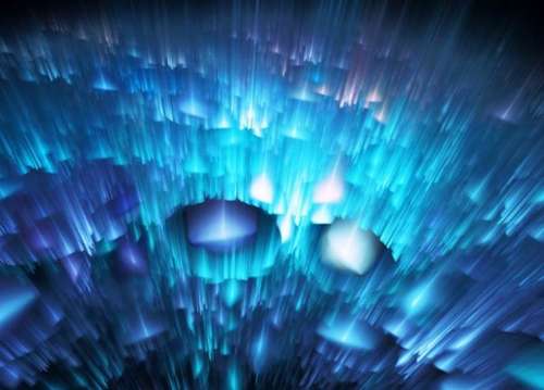 Una creación digital artística de muchísimos cilindros de tonalidades de luz azul en cuyos centros resplandecen intensas luces blancas en representación de seres humanos transformados súbitamente.
