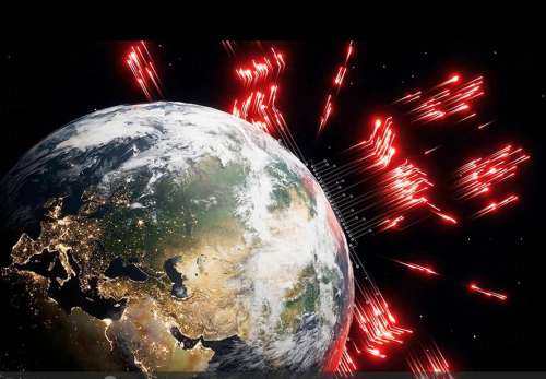 Una creación artística del globo terráqueo en la que se enfocan Asia y el Cercano Oriente, con  explosiones rojas y blancas que salen en el trasfondo negro.