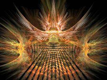 Esta curiosa imagen de líneas estrechas negras que se introducen en un cilindro dorado y se pierden a través de él en la distancia infinita alta, todo entre pares de alas que se duplican a lo largo del cilindro céntrico, se interpretan como una representación gráfica de la eternidad.