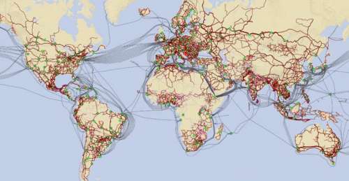 A flat map of earth with lines showing Internet connections between countries.