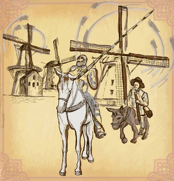 Don Quijote de la Mancha, Sancho Panza y molinos de viento.
