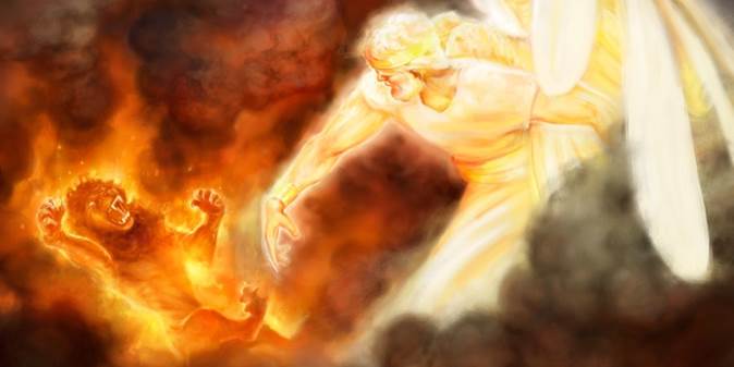 Pintura que representa al ángel Miguel en el acto de echar a Satanás del cielo.