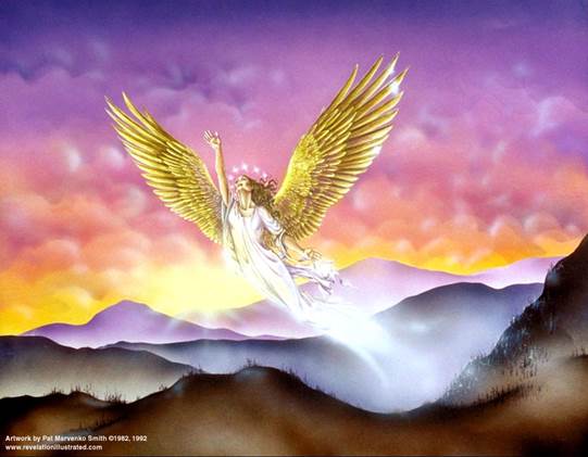 Pintura de la mujer vestida del sol de Apocalipsis con dos alas de águila en el acto de huir al desierto. 