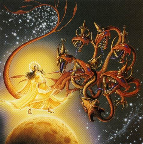 Pintura de la mujer vestida del sol atacada violentamente por el gran dragón escarlata, es decir, por Satanás, lo cual significa que la raza judía sería perseguida durante la Era Cristiana.