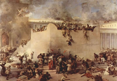 Pintura realista muy detallada de Jerusalén sitiada por el ejército romano en el siglo primera, ilustración para la mujer vestida del sol perseguida por Satanás.