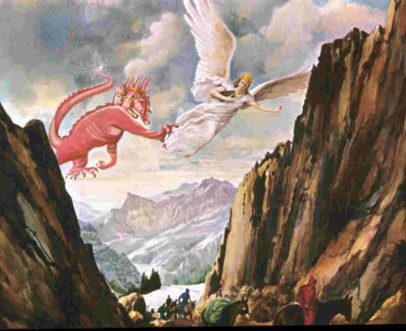 Pintura que ilustra el tema El gran dragón persigue a la mujer vestida del sol. la de Apocalipsis 12.