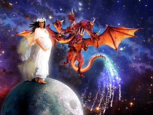 Pintura del gran dragón escarlata en postura amenazanate frente a la mujer vestida del sol parada sobre la luna.