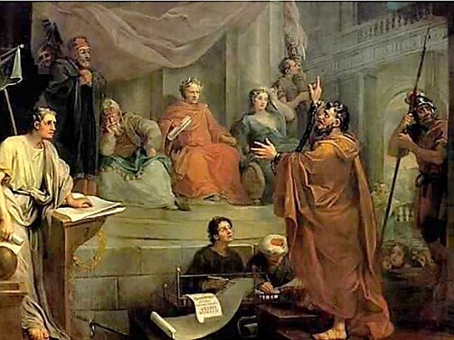 El apóstol Pablo predica el evangelio ante el rey Agripa con tanto poder que este exclama: “Por poco me persuades a ser cristiano”, ilustración para el tema La mujer vestida del sol huye al desierto.