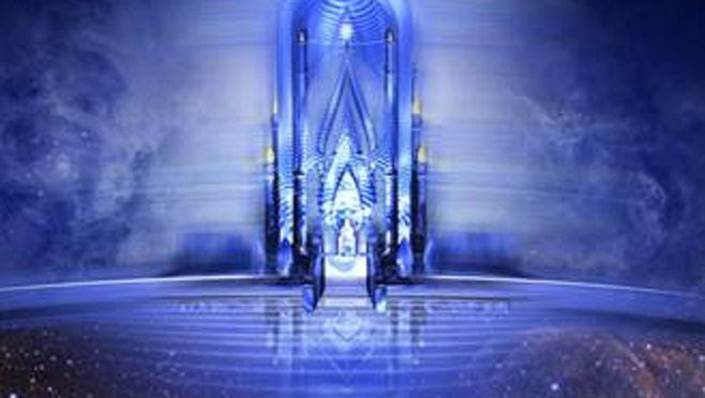Painting in shades of blue and white that represents the throne of God on the Sea of Glass in Heaven.