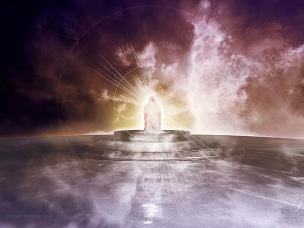 Esta pintura, realizada por Ted Larson, es una visualización gráfica del trono del Señor Dios Todopoderoso establecido en el cielo sobre el Mar de Vidrio como de Cristal.