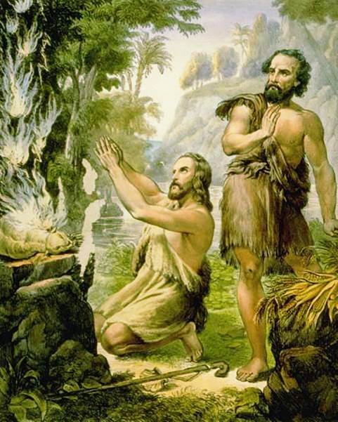 Una pintura realista de Abel arrodillado frente al altar con su sacrificio aceptado y de Caín parado detrás de él mirándolo todo con envidia y resentimiento.